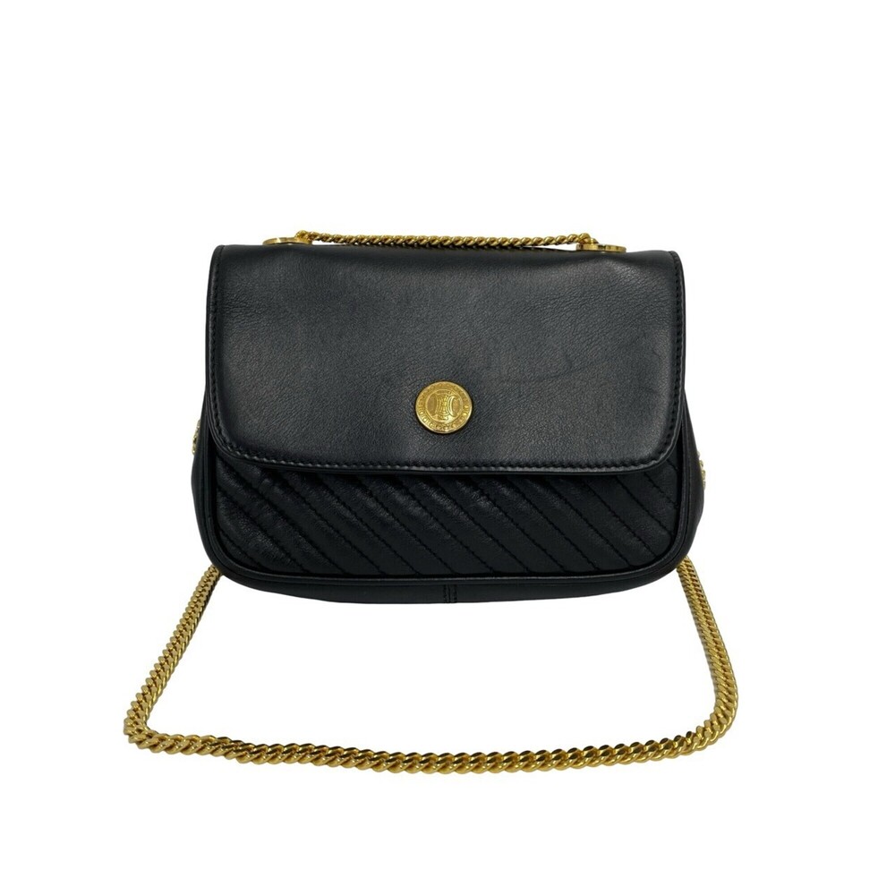 CELINE Vintage Triomphe Logo Hardware Leather Chain Mini Shoulder Bag Pouch B...